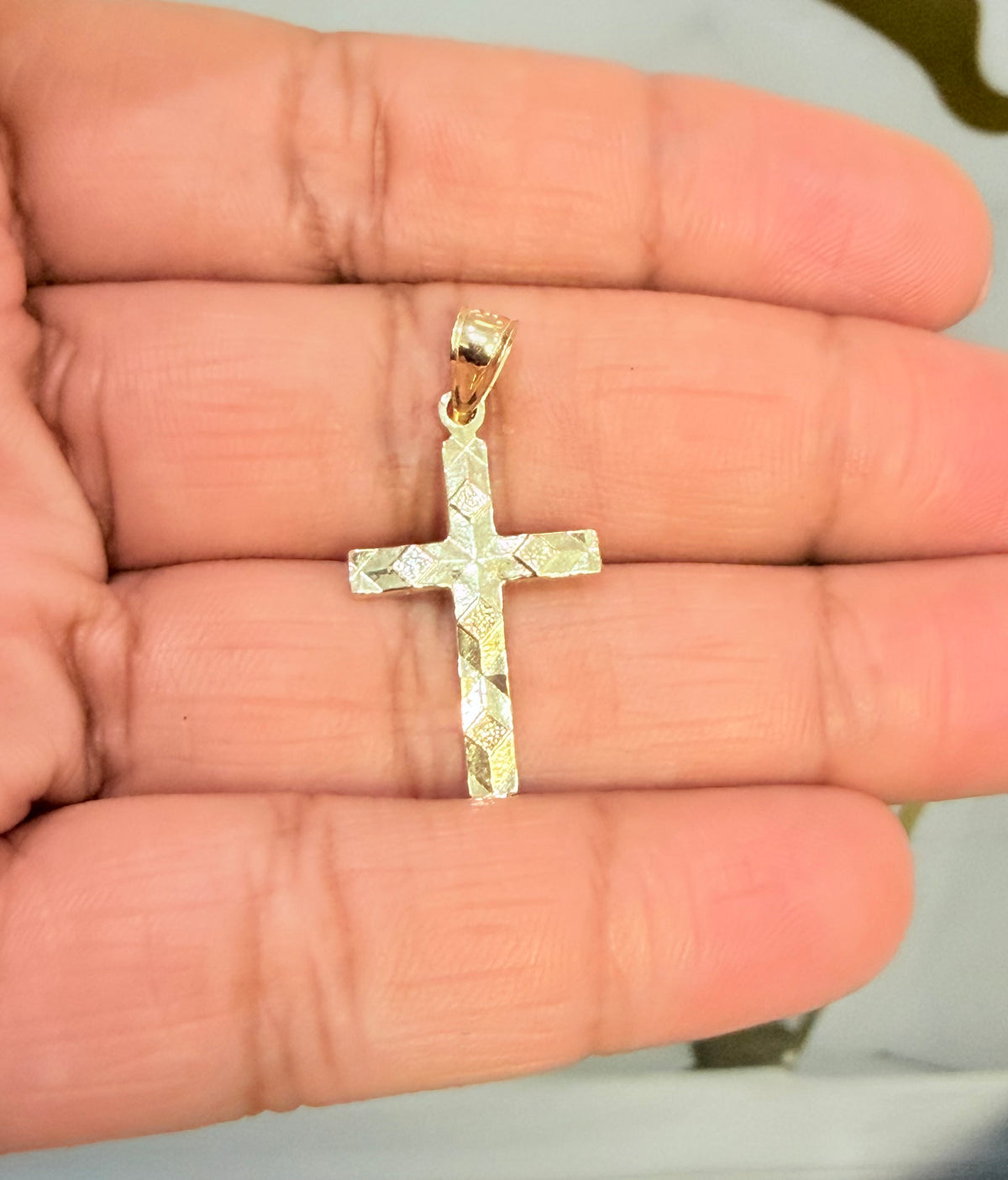 1730- NEW 10K Gold Nugget Cross Pendant W.G