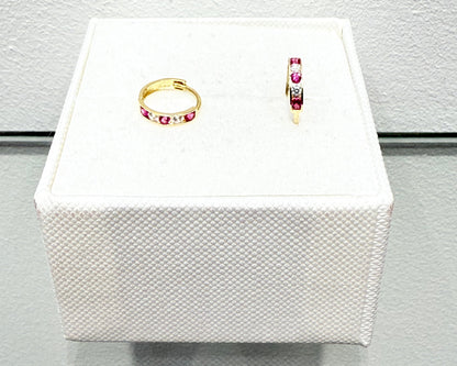 1095-NEW 14K Small Huggies Ruby & Clear Hoop Earrings (2x10mm)W.G