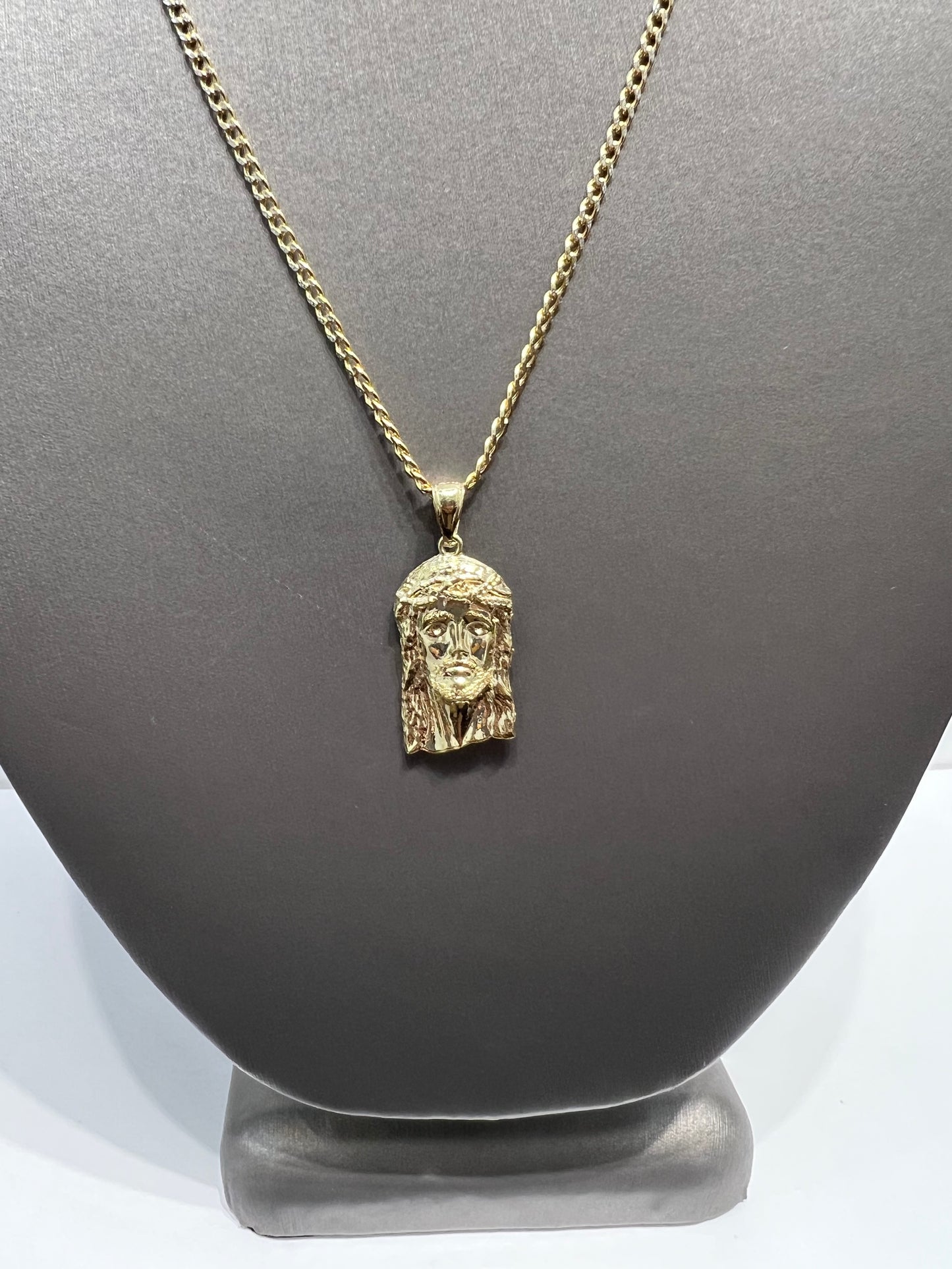 C55- NEW 10K Hollow Cuban Curb Two Tone Chain & Jesus Face Pendant SET W.G