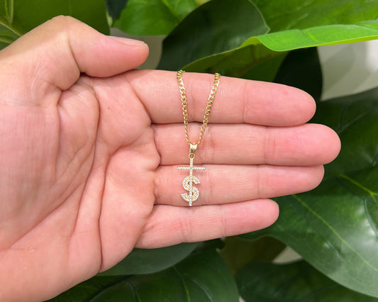 1292- 14K Gold Cross With Dollar Sign Pendant W.G