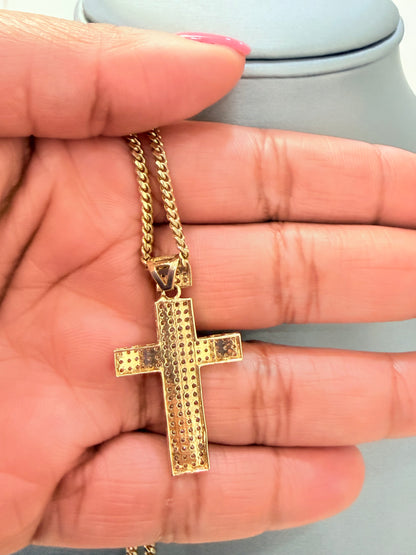 C76- NEW 14K Solid Miami Cuban Chain 20” (2.65mm) & 14K Cross Full Cz Pendant Set (W.G)