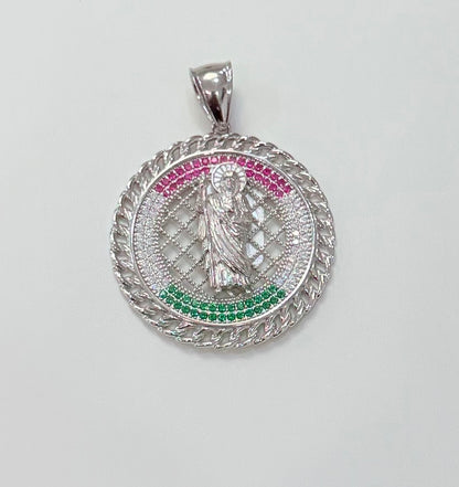 S490-NEW .925 Sterling Silver St. Jude Round Pendant W.G