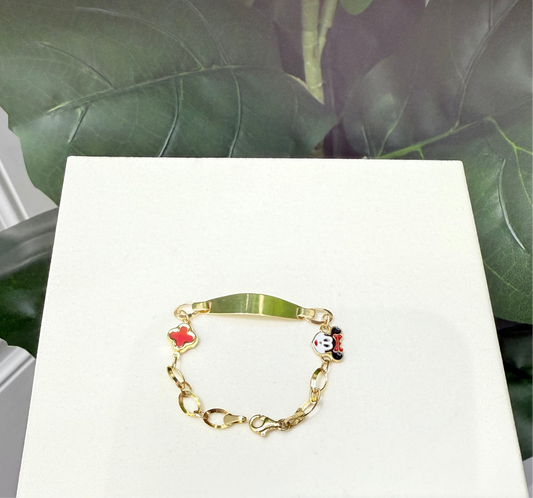 471- NEW 14K Red Clover & Minnie ID Bracelet (5.30mm) W.G