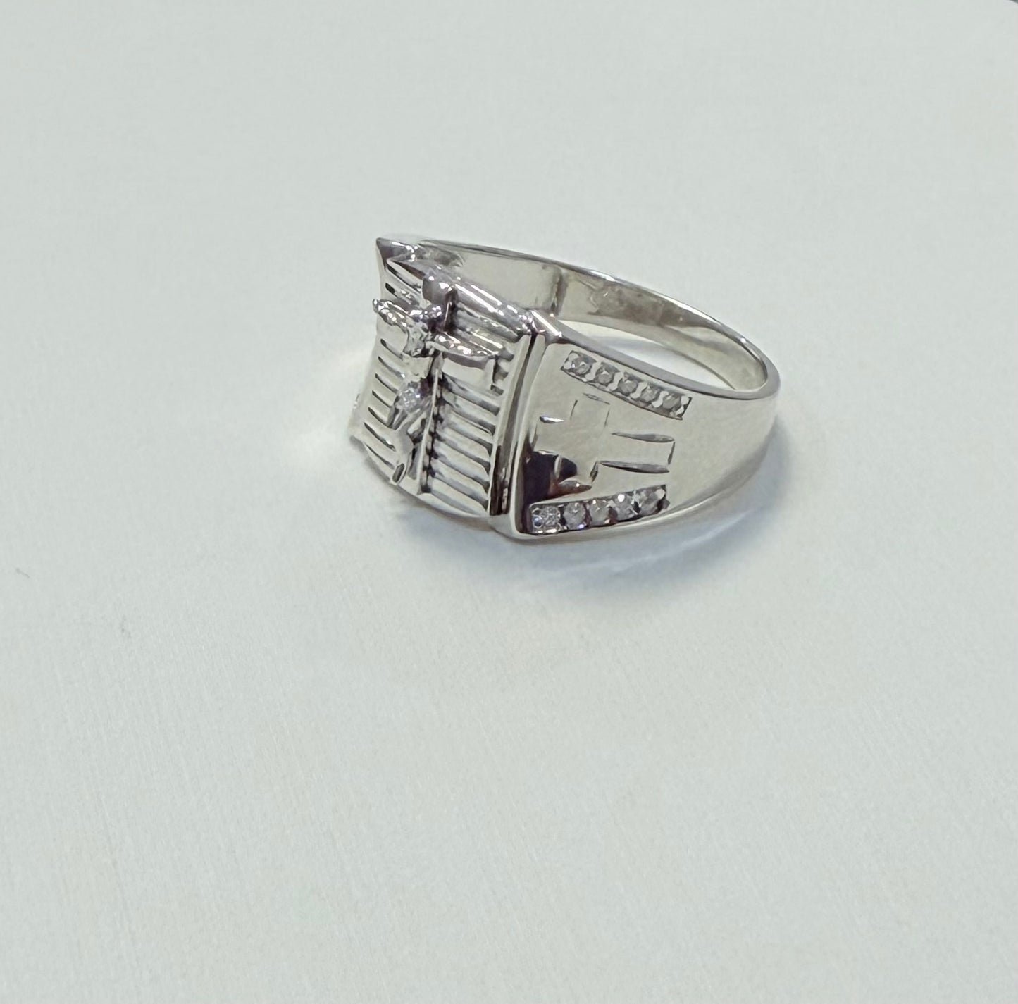 S1140- .925 Sterling Silver & Moissanite Crucifix Men’s Ring W.G