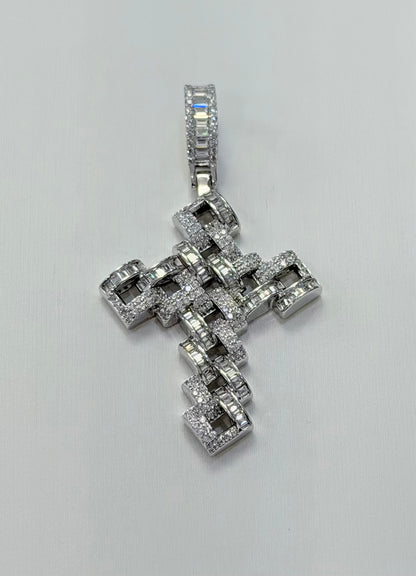 S408-NEW .925 Sterling Silver CZ Link Cross Pendant W.G