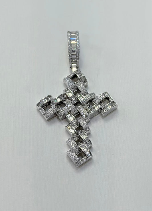 S408-NEW .925 Sterling Silver CZ Link Cross Pendant W.G