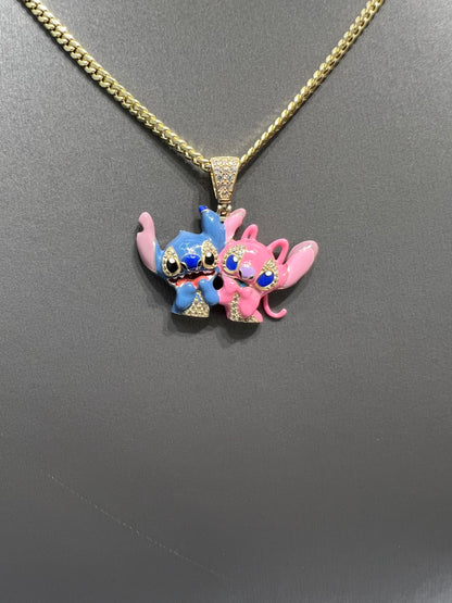 1212- NEW 14K Disney Lilo Stitch & Angel Gold Pendant W.G