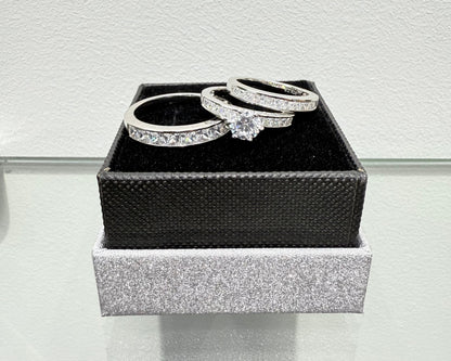 S1135- NEW .925 Sterling Silver Trio Wedding Ring Set W.G