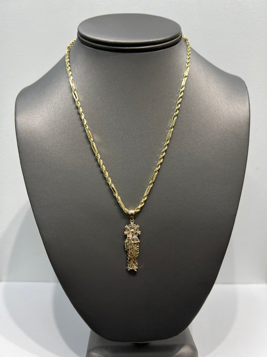 C49-NEW 10K Hollow Milano Chain 18” (3mm) & 10K St. Jude Pendant SET W.G