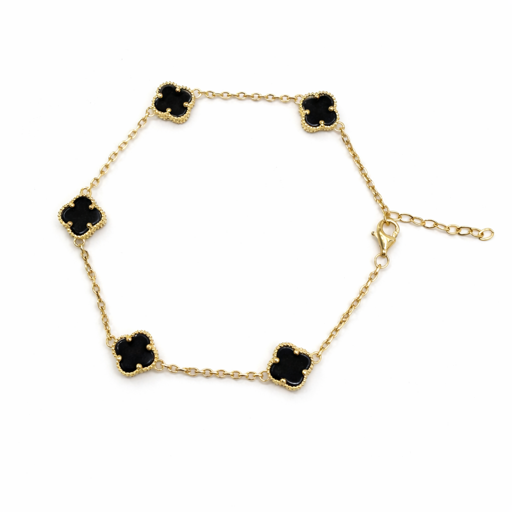 1604- NEW 14K Black Trebol Bracelet 7.5”+ 1” ext W.G