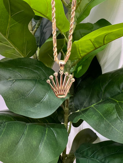 C51- NEW 10K Milano Chain & Rolex Crown Pendant SET W.G