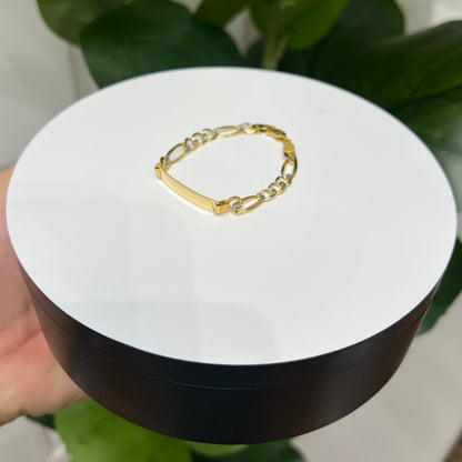 1236- 14K Solid Figaro ID Bracelet Two Tone W.G
