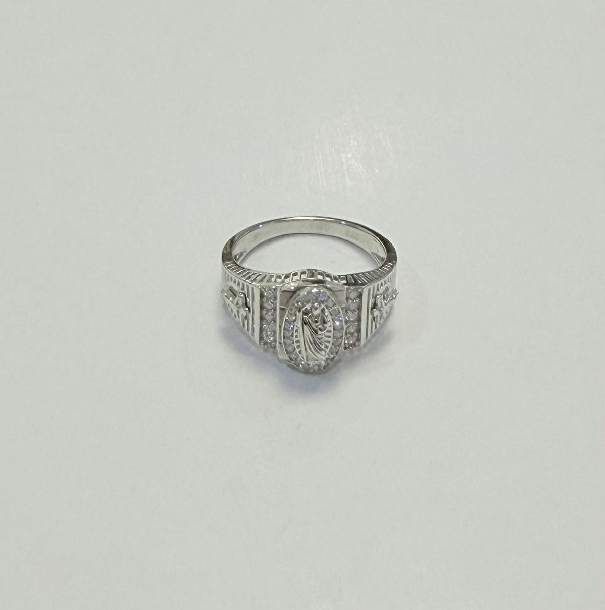 S1142- .925 Sterling Silver St Jude Moissanite Ring W.G