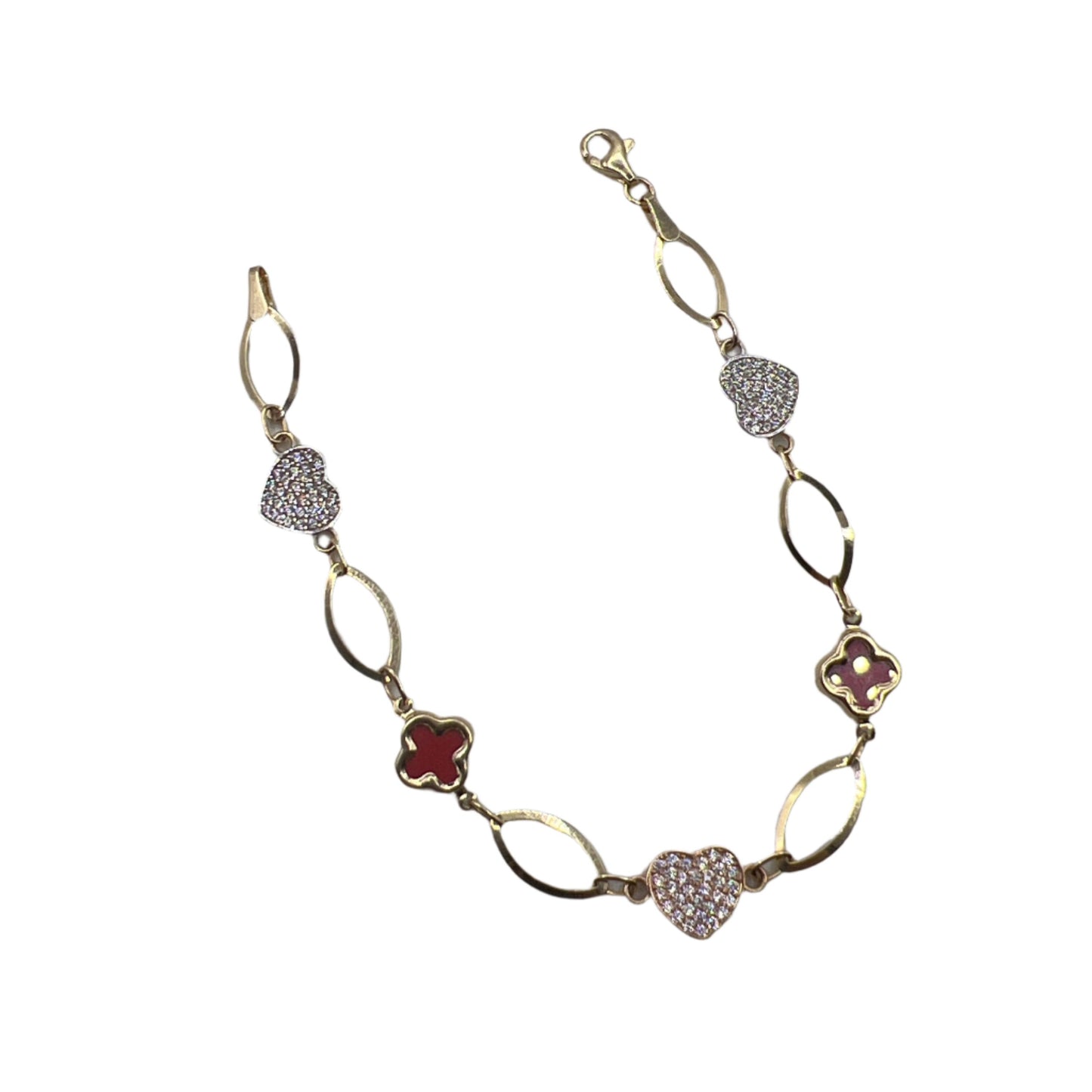 641- 14K Red clover & Heart Bracelet 7”