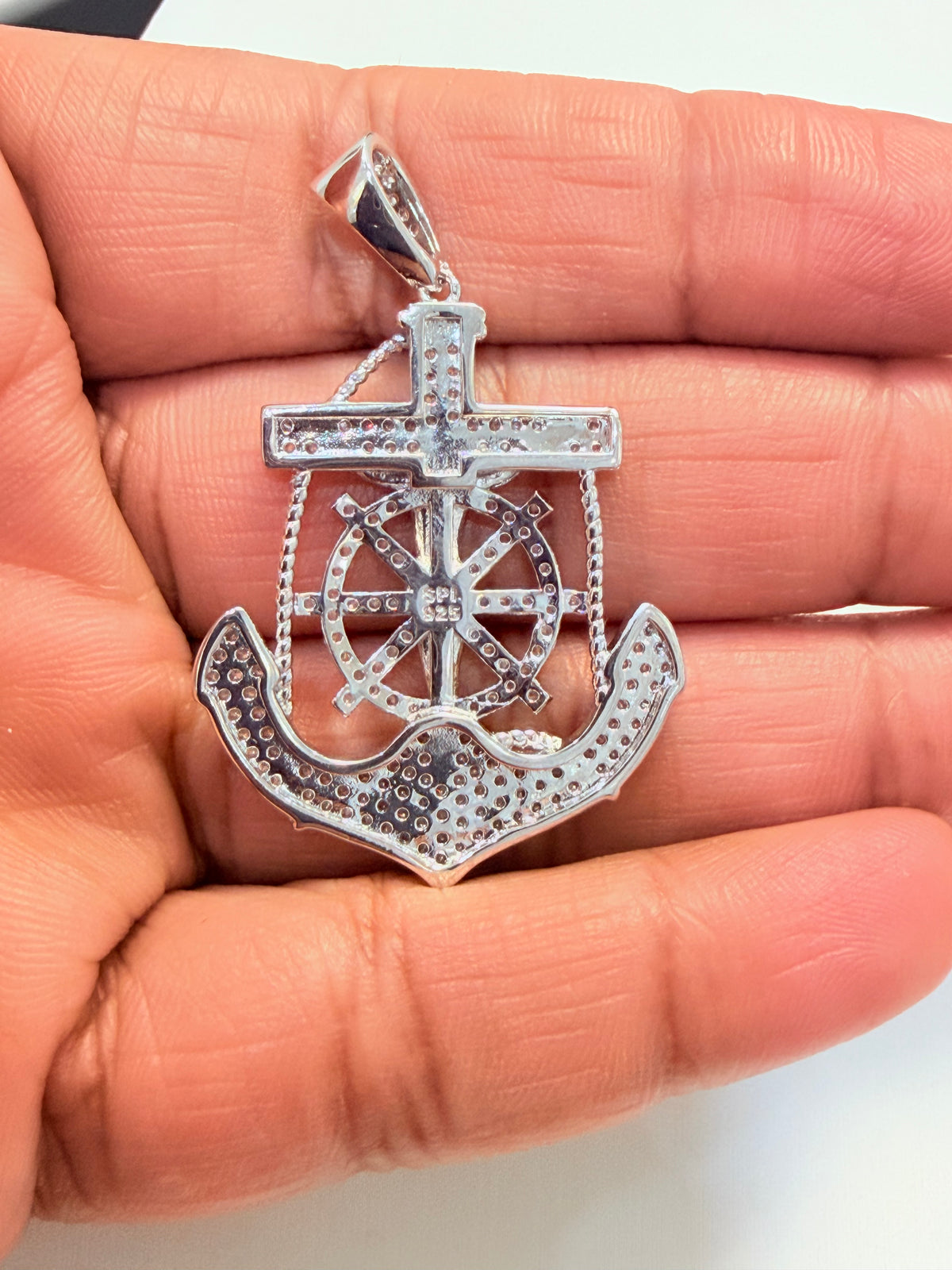 S862- NEW Sterling Silver Full Cz Anchor Pendant W.G