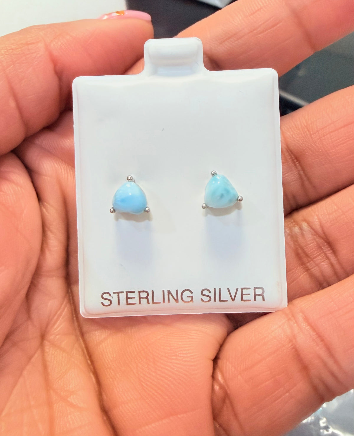 S905- .925 Sterling Silver Larimar Triangle Stud Earrings W.G
