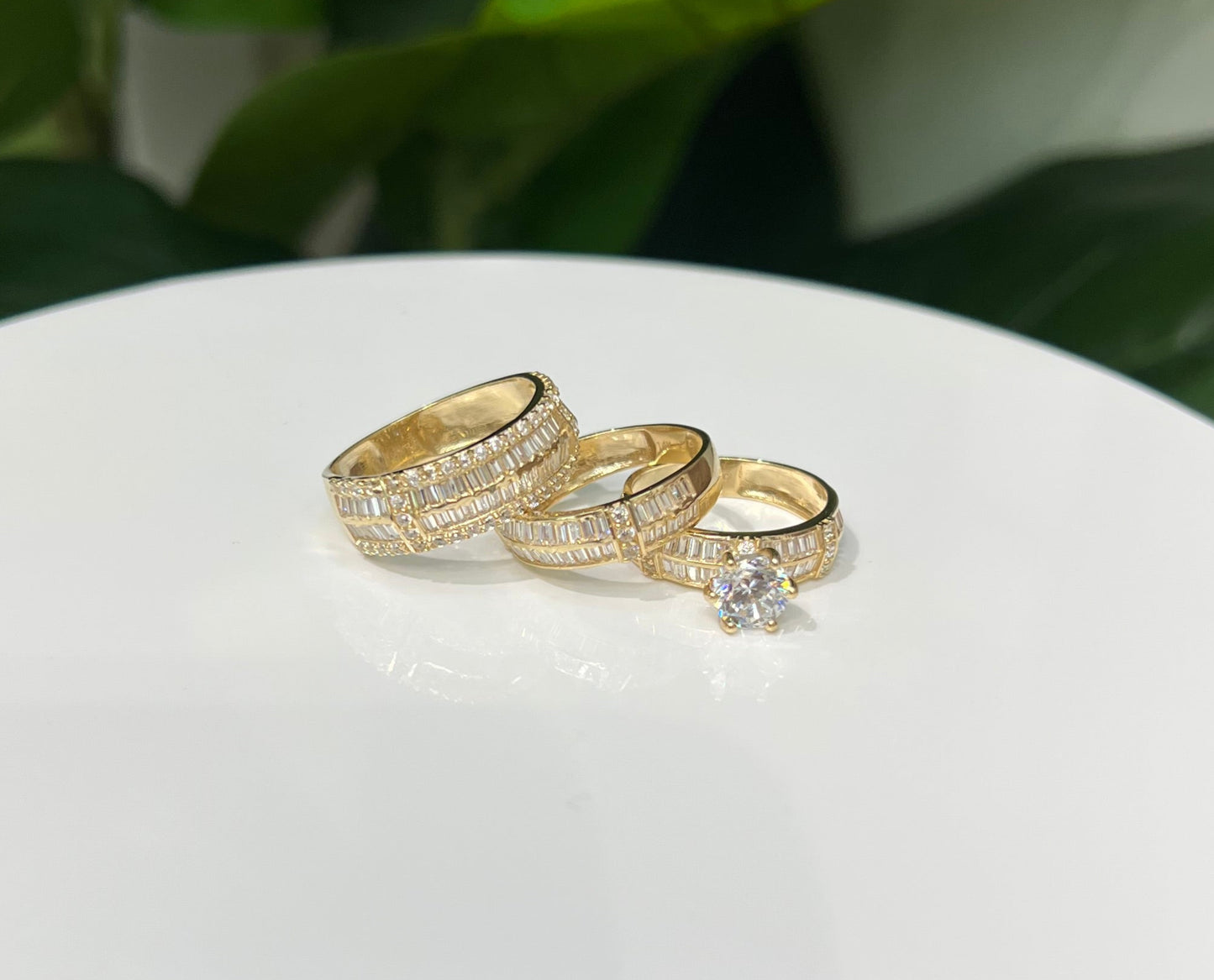 1226- NEW 14K Trio Baguette Cut Wedding Ring Set W.G