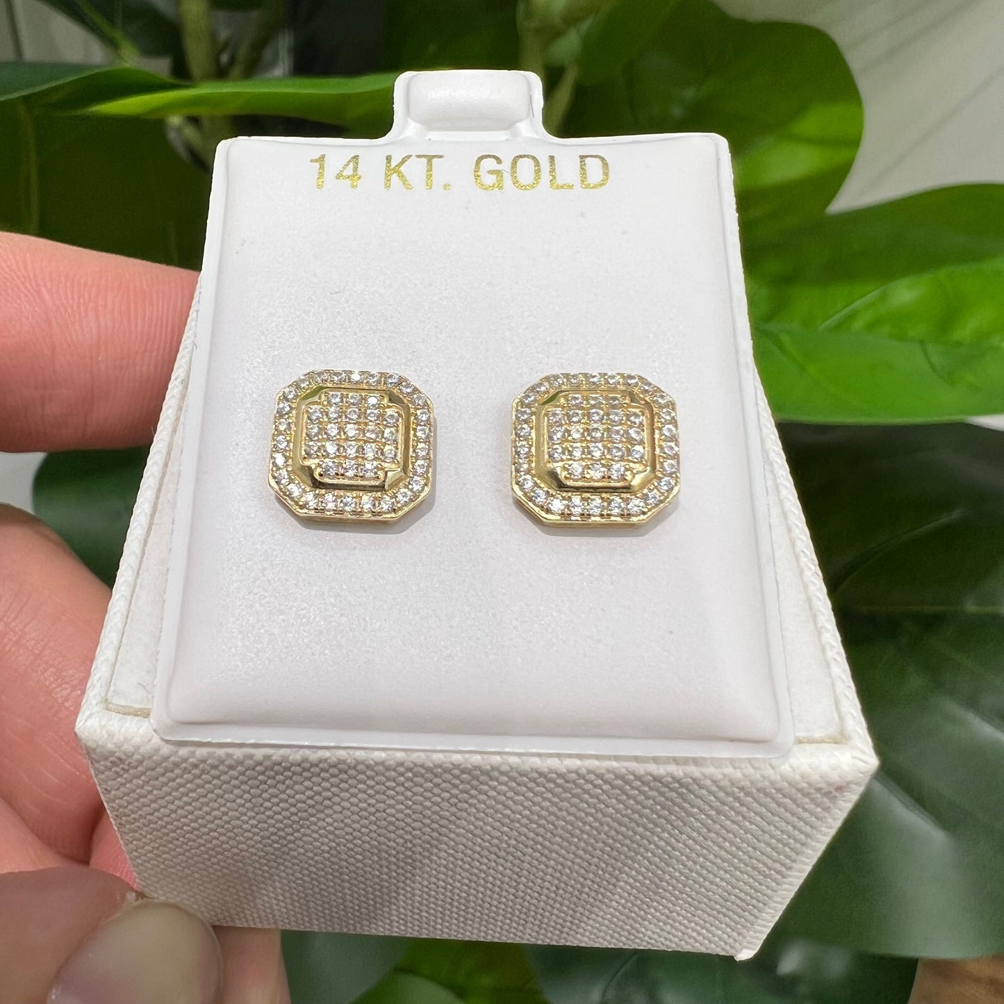 1365- NEW 14K Gold Square Full Cz Stud Earrings (10mm) W.G