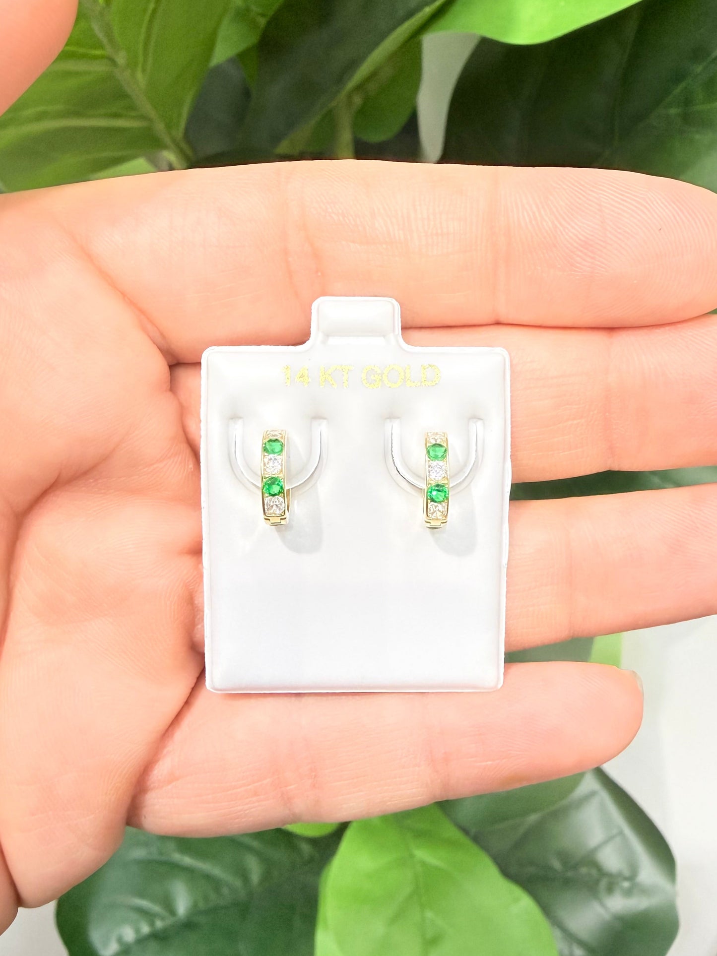 1133- NEW 14K Clear & Green Huggies Earrings (11.6mm) W.G