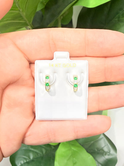 1133- NEW 14K Clear & Green Huggies Earrings (11.6mm) W.G