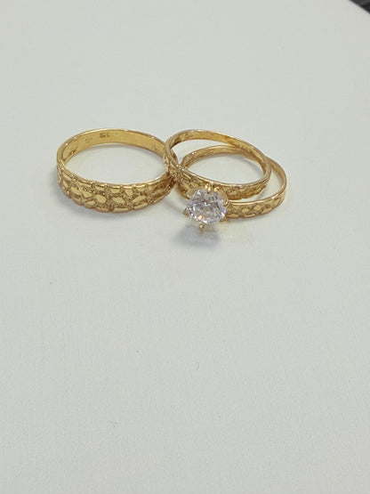 1373- NEW 10K Nugget Style Wedding Rings Trio W.G