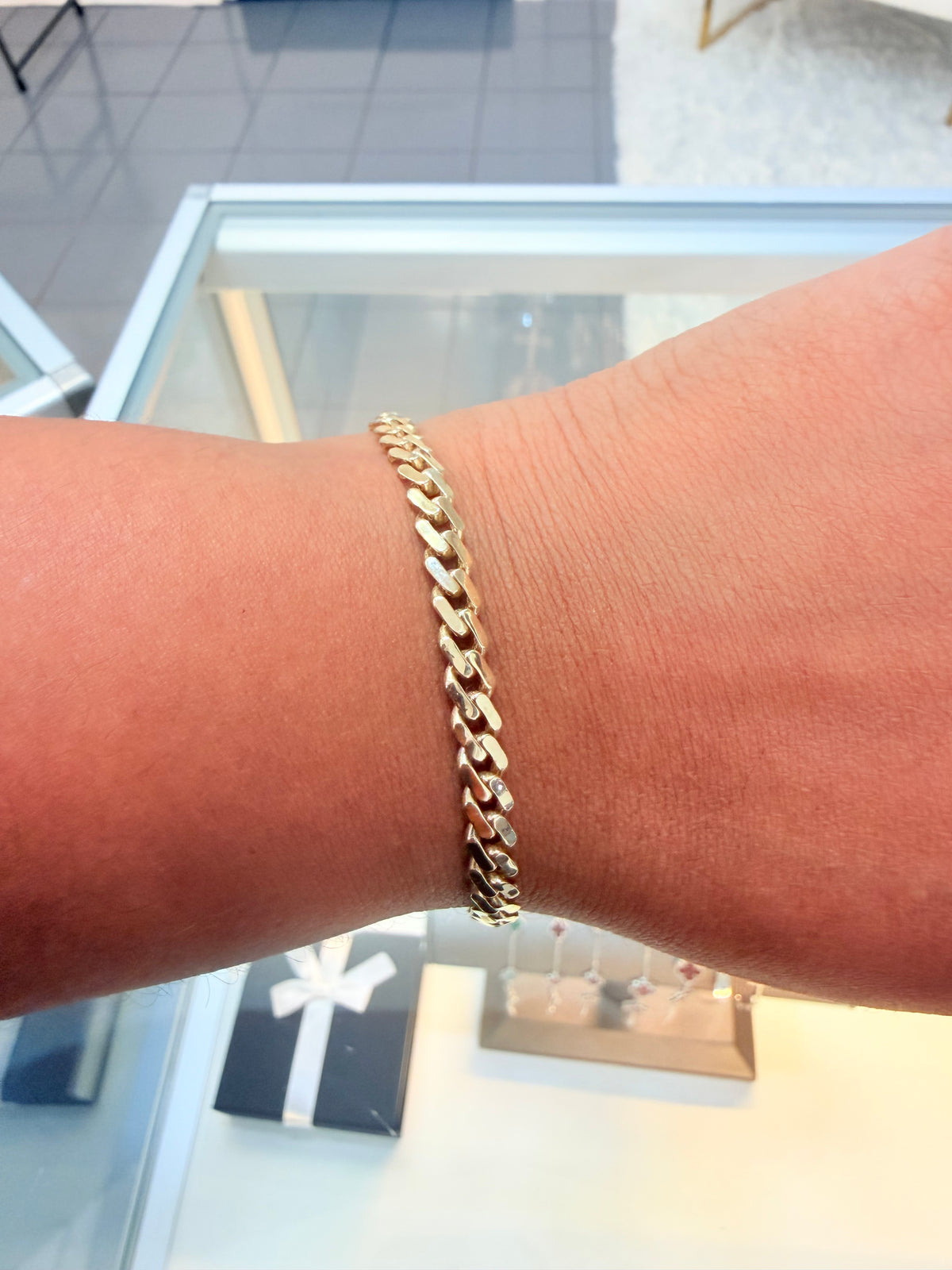 1723- NEW 14K Hollow Cuban Monaci Bracelet 7” (5.2mm) W.G