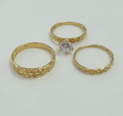 1373- NEW 10K Nugget Style Wedding Rings Trio W.G