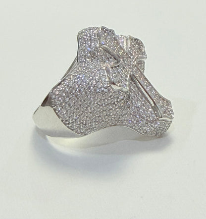S399- .925 Sterling Silver Cross Clear CZ Studded Top 30mm Ring W.G