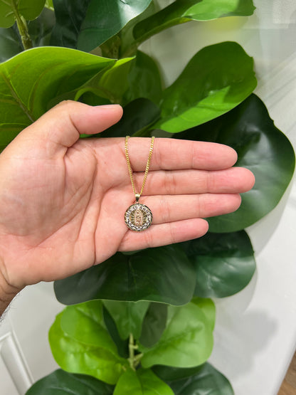 C50- 10K Solid Miami Cuban 18” & Our Lady Of Guadalupe Pendant Set
