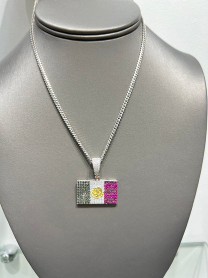 S634- NEW .925 Sterling Silver Square Mexican Flag Pendant W.G