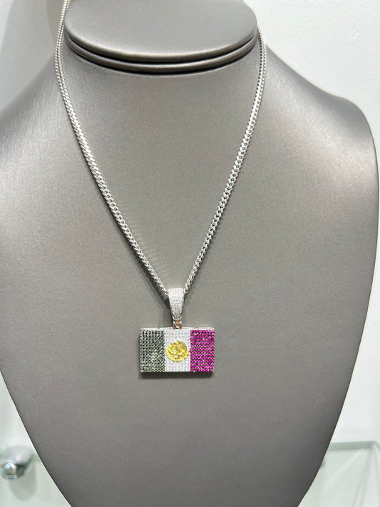 S634- NEW .925 Sterling Silver Square Mexican Flag Pendant W.G