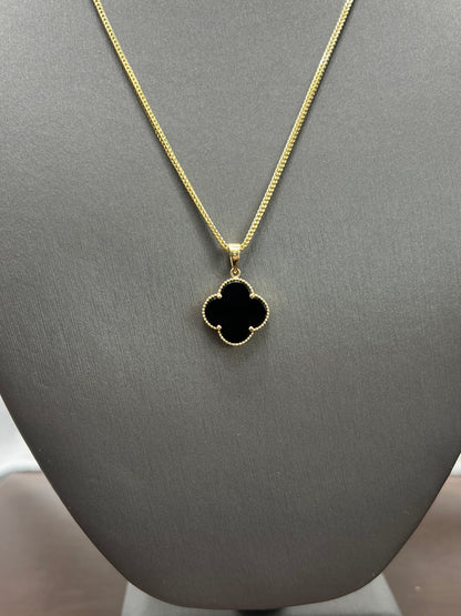 C9- NEW 14k Franco Chain 20” (1.5mm) & Black Clover Pendant SET W.G