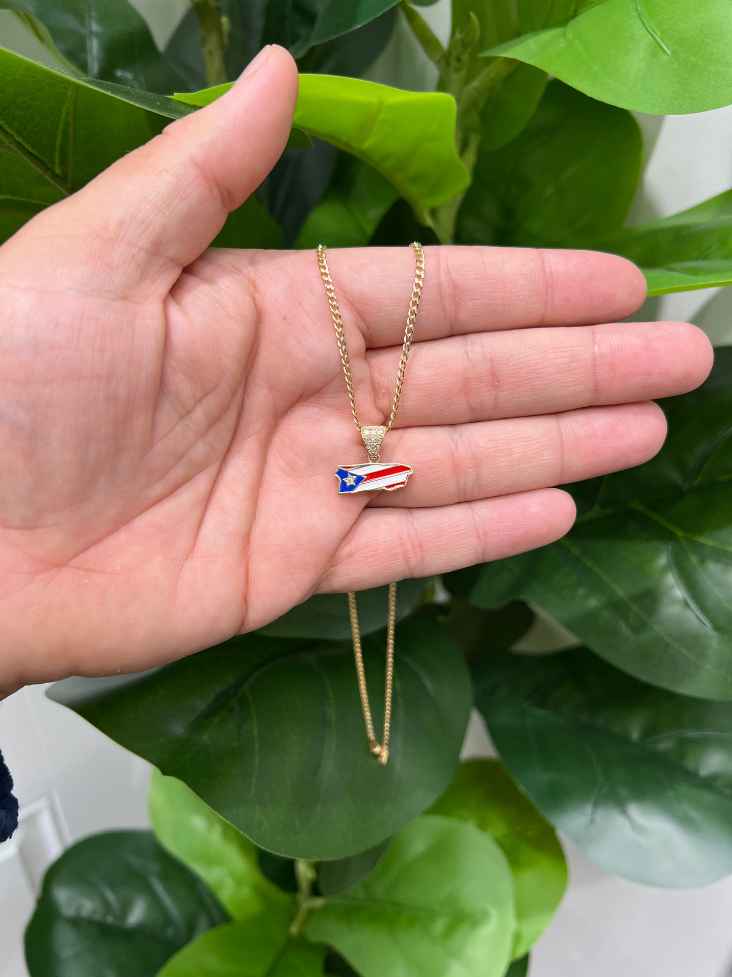 C52- NEW 10K Hollow Cuban Curb Chain Two Tone Chain & Puerto Rican Flag Pendant SET W.G