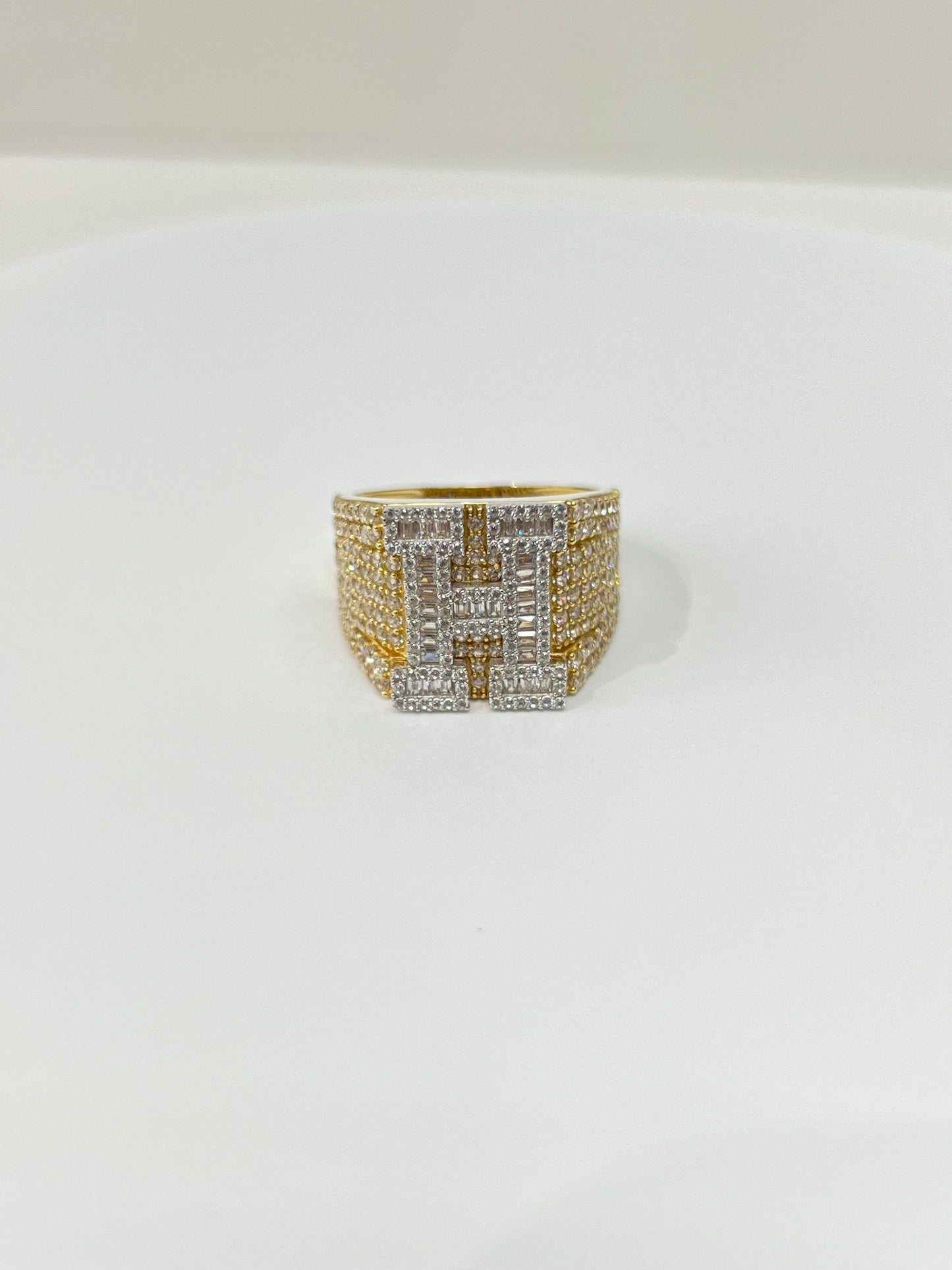 964- NEW 14K Gold Initial “H” Men Ring Full Cz W.G
