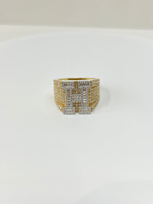 964- NEW 14K Gold Initial “H” Men Ring Full Cz W.G