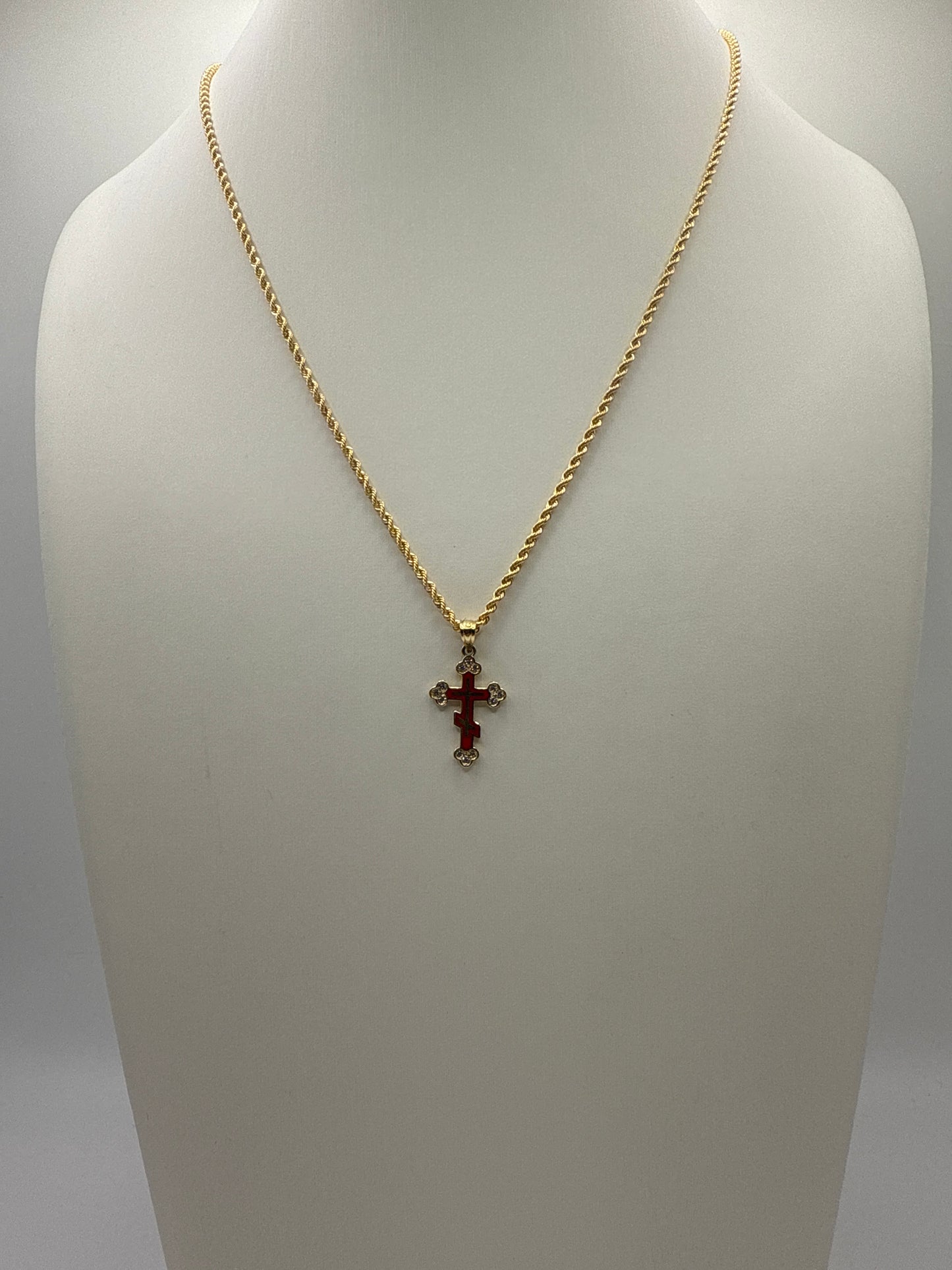 C10-NEW 14k Semi Solid Rope Chain and CZ Red Cross Pendant. W.G