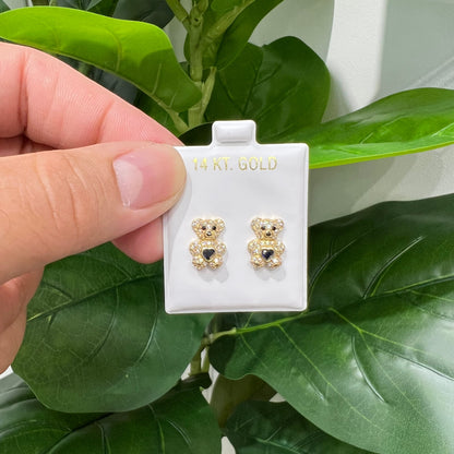 1203- NEW 14K Gold Teddy Bear Full Cz Navy Blue Cz Stone Earrings (9.8mm)W.G
