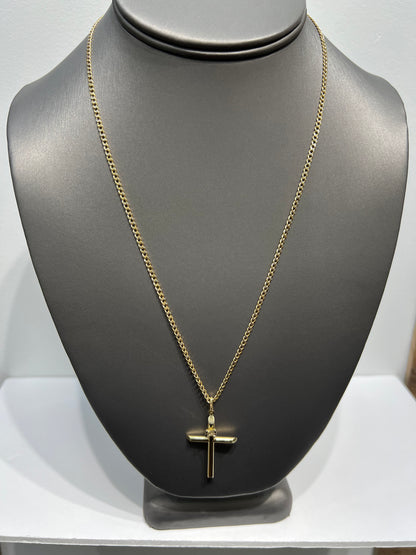 C53- NEW 10K Hollow Cuban Curb Chain Two Tone & Cross Pendant SET W.G