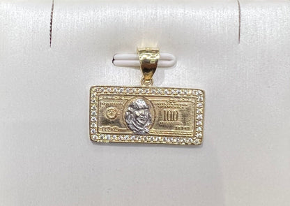 1650- NEW 10K 100 Dollar Bill Small Pendant (24x12mm) W.G