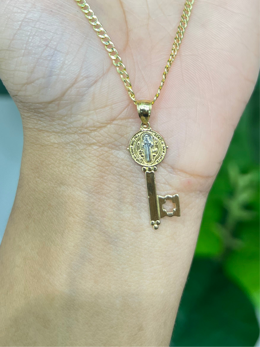 00186- NEW 14K St. Benedict Double Sided Cross Key Pendant (W.G)