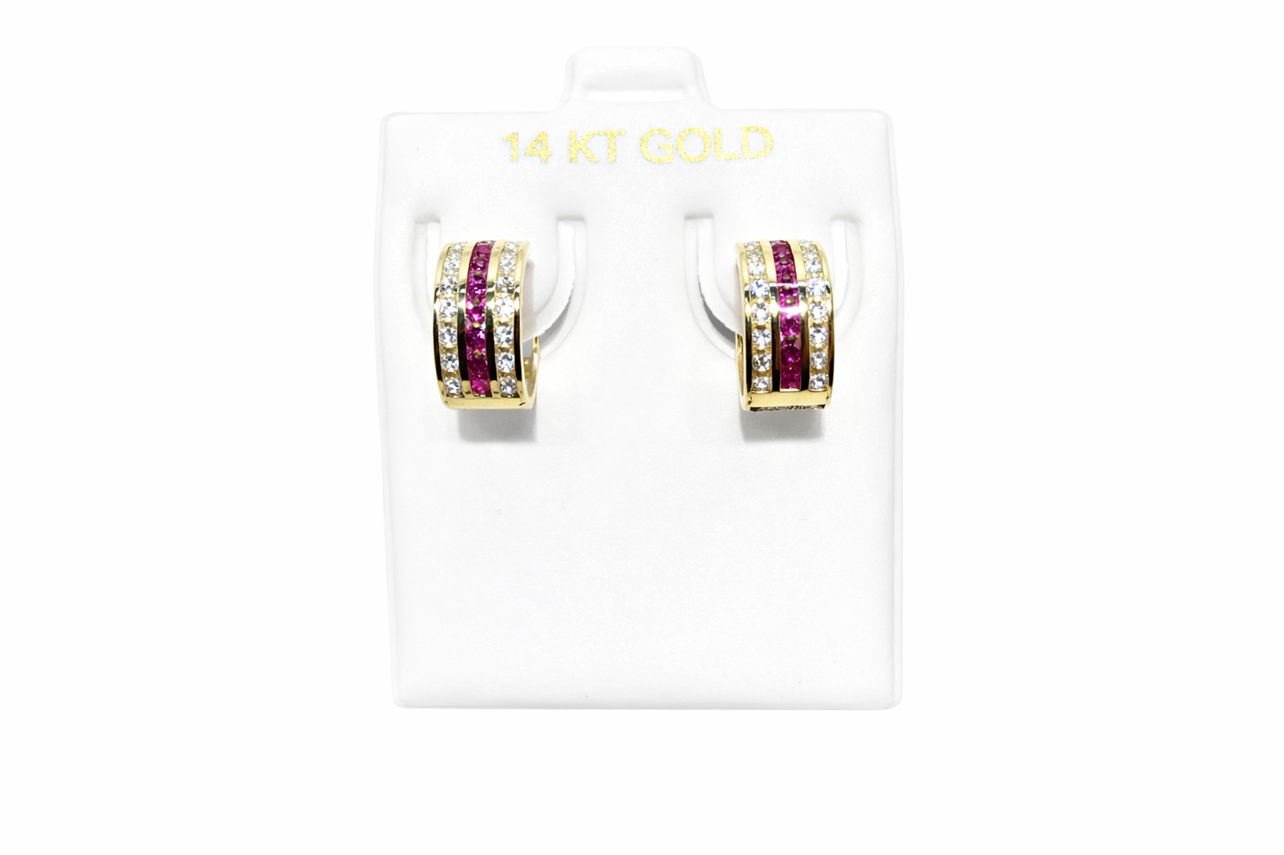 1088- NEW 14K Triple Row Huggies Cz Red & Clear Hoop Earrings (5x10mm)W.G