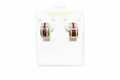 1088- NEW 14K Triple Row Huggies Cz Red & Clear Hoop Earrings (5x10mm)W.G