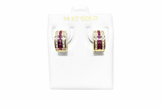 1088- NEW 14K Triple Row Huggies Cz Red & Clear Hoop Earrings (5x10mm)W.G
