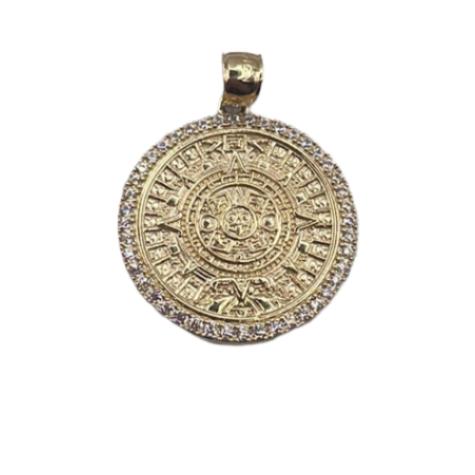 00127- NEW 14K  Aztec Mayan Sun Calendar Azteca Pendant (W.G)