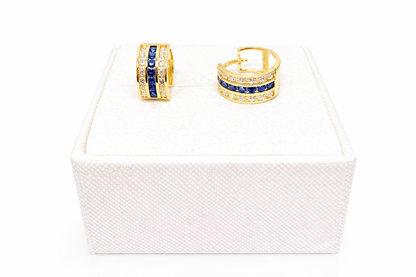 1089-NEW 14K Triple Row Huggies Cz Blue & Clear Hoop Earrings (5x10mm) W.G