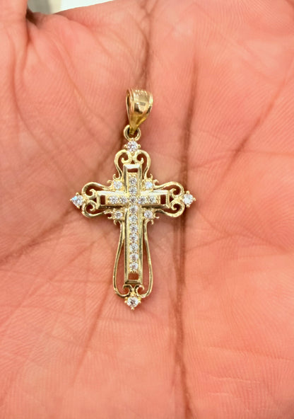 1728- NEW 10K Ornate Cross Cz Pendant W.G