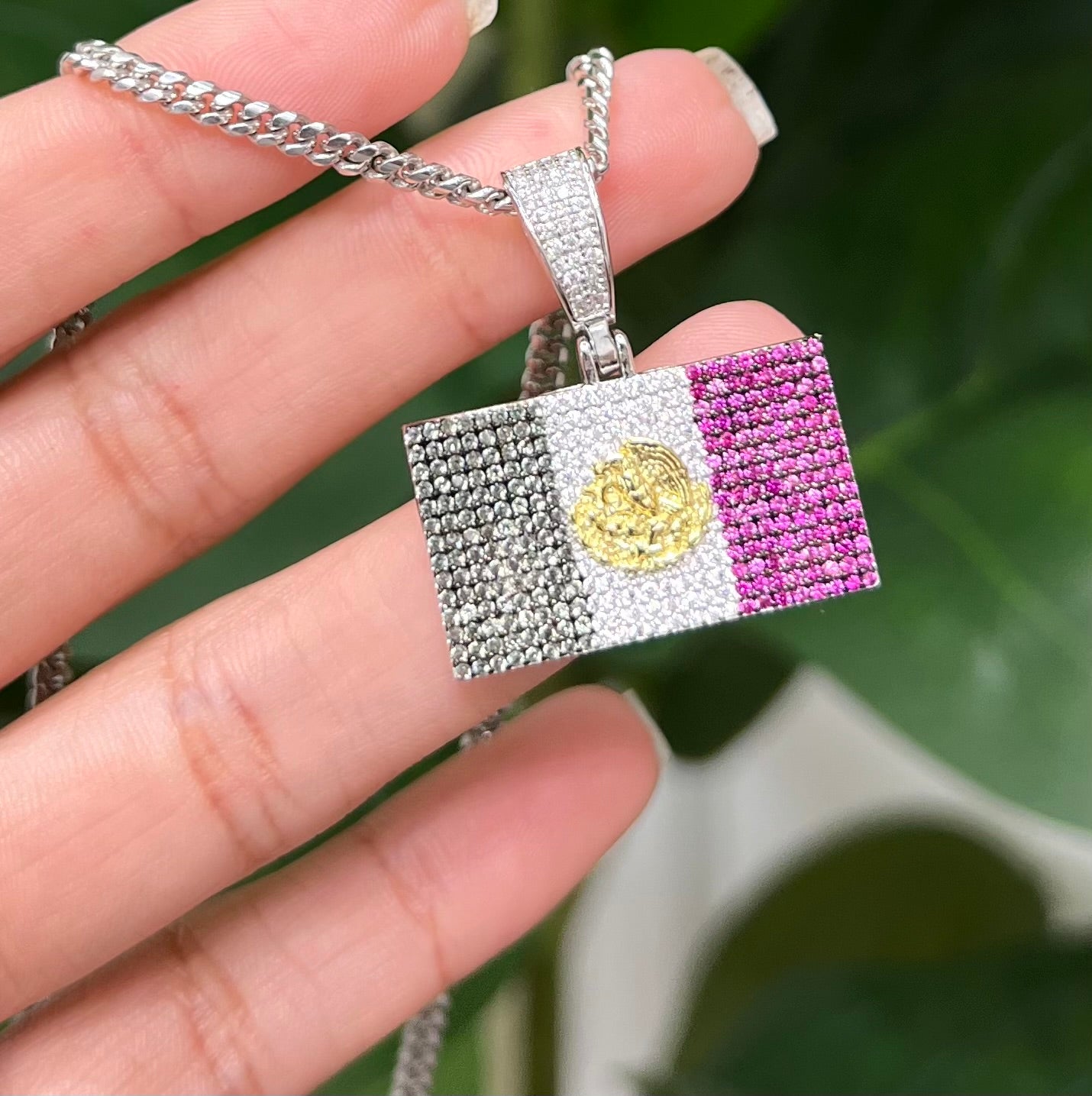 S634- NEW .925 Sterling Silver Square Mexican Flag Pendant W.G