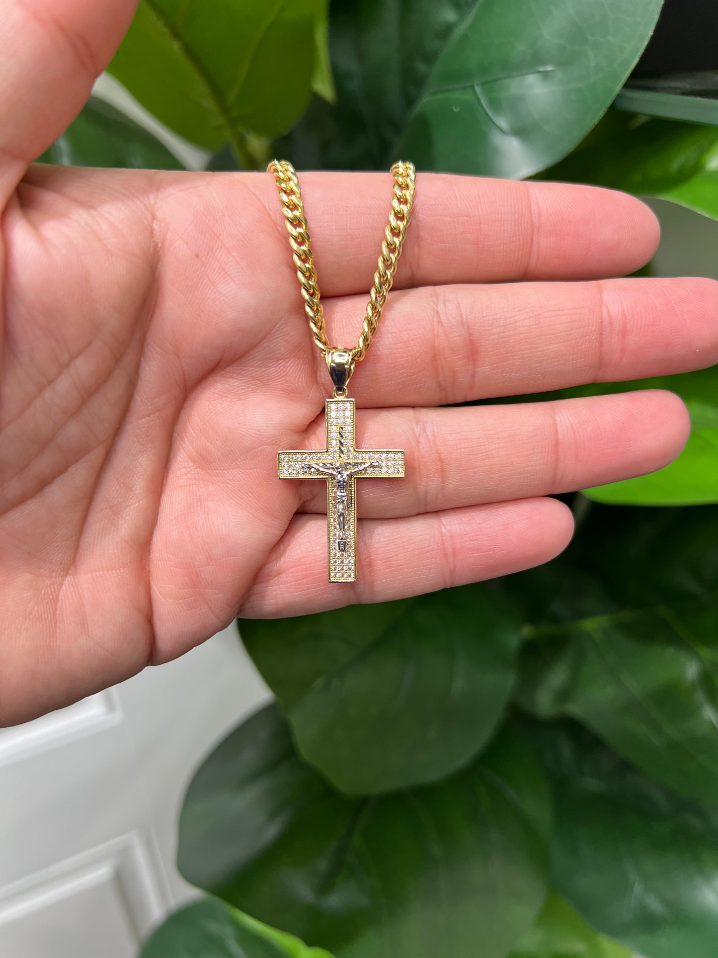 C44- NEW 14K Hollow Miami Cuban Chain 22” (4.40mm) & Crucifix Pendant Set W.G