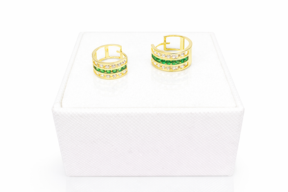 1090-NEW 14K Triple Row Huggies Cz Green & Clear Hoop Earrings (5x10mm) W.G