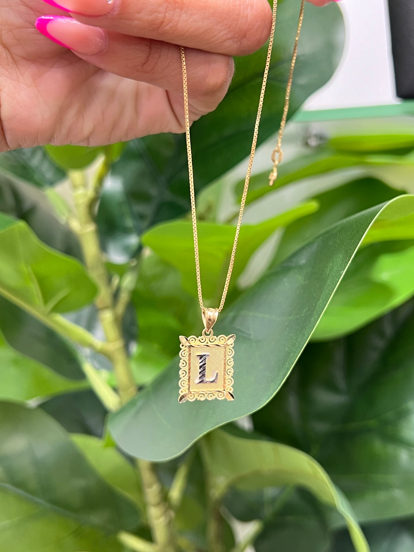 0053- NEW 14K Letter “L” Frame Pendant W.G